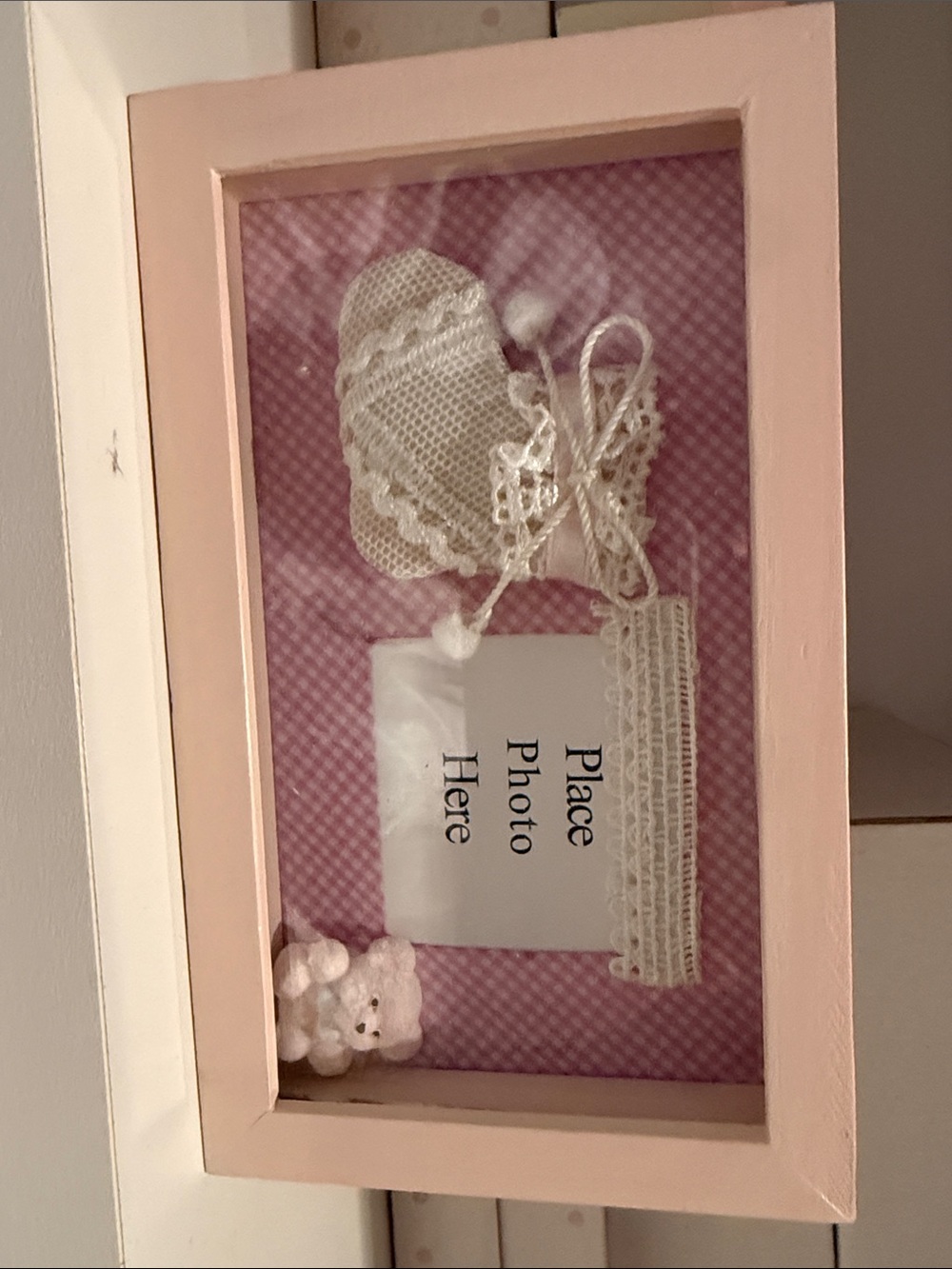 Pink Shadow Box Photo Frame with Lace and Teddy